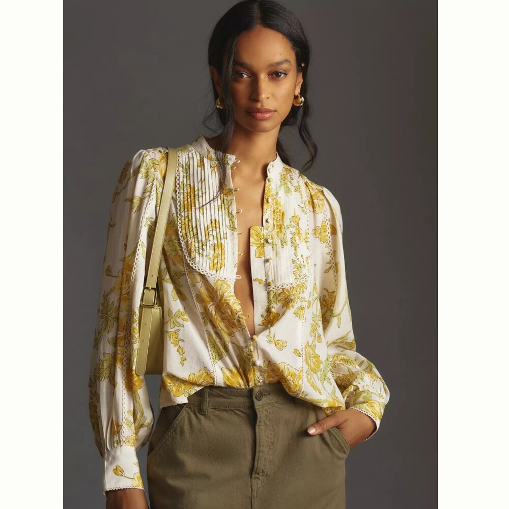 Anthropologie Pintucked Printed Long-Sleeve Blouse